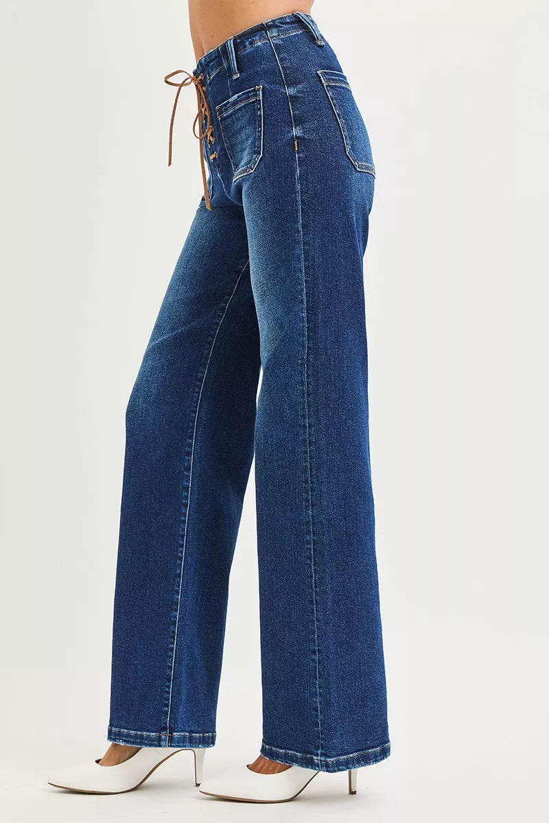 Front Lace Up Wide Leg Jeans -
