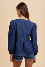 Tie Front Peplum Denim Blouse -