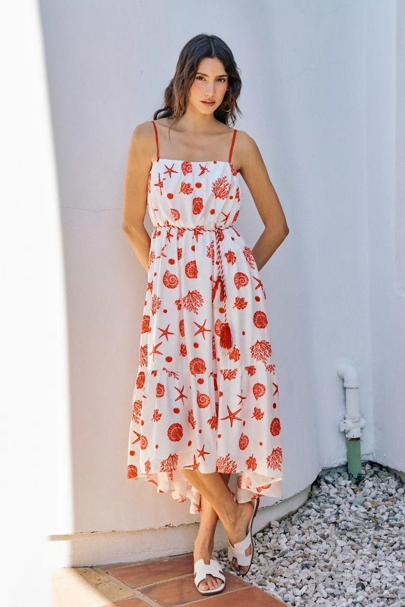 Shell Print Belted Midi Dress -