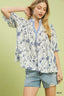 Blue Mixed Print Split Neck Blouse - BLUE