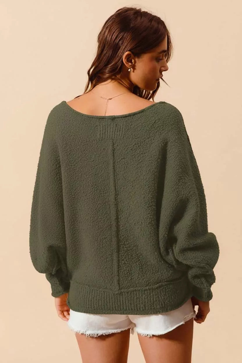 Olive Loose Slouchy Boucle Exposed Seam Sweater -