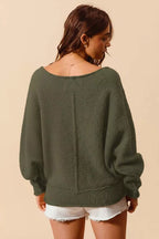 Olive Loose Slouchy Boucle Exposed Seam Sweater -