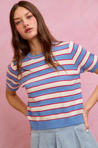 Striped Short Sleeve Knit Sweater -