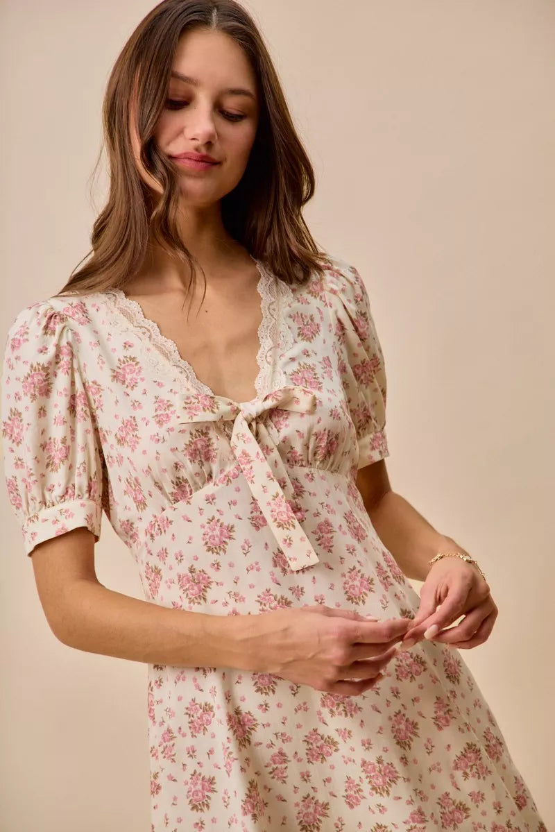 Cream Floral Lace Trim Mini Dress -