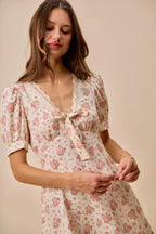 Cream Floral Lace Trim Mini Dress -