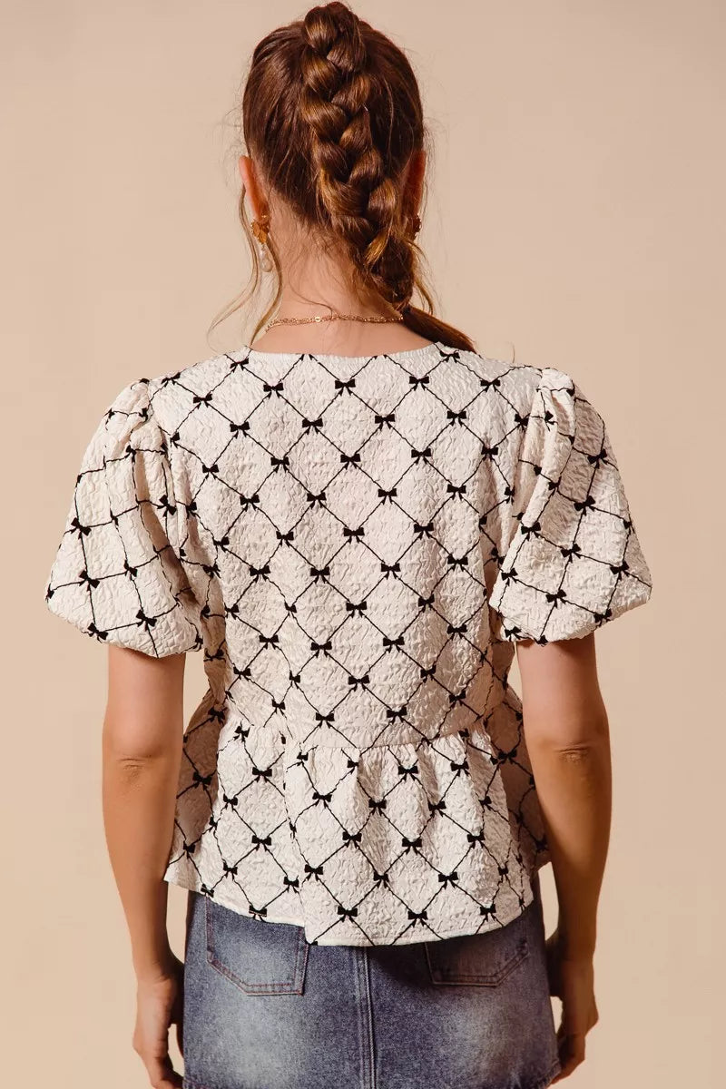 Contrast Bow Textured Peplum Top -