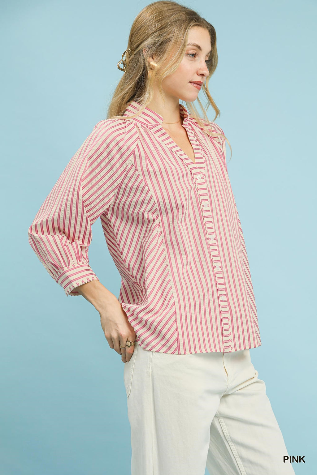 Ruffle Trim Striped Blouse -
