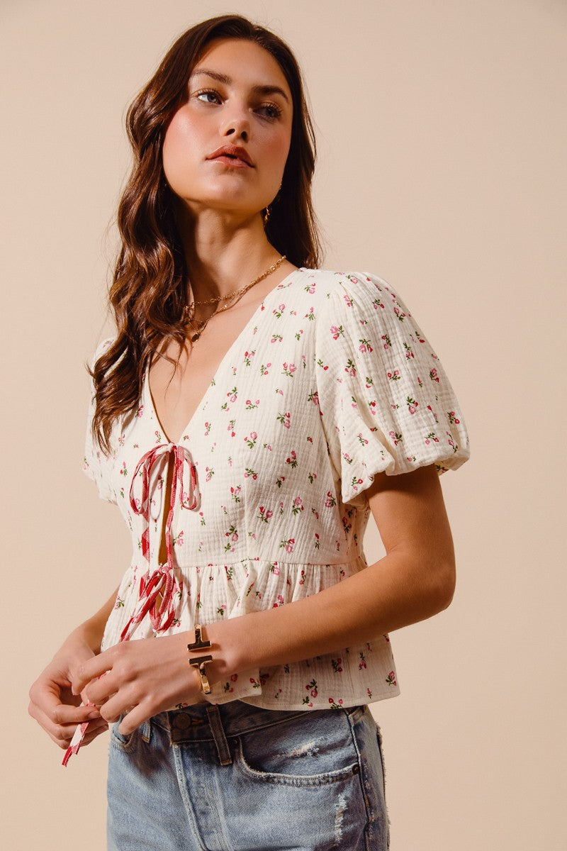 Ditsy Tie-Front Gauze Blouse -