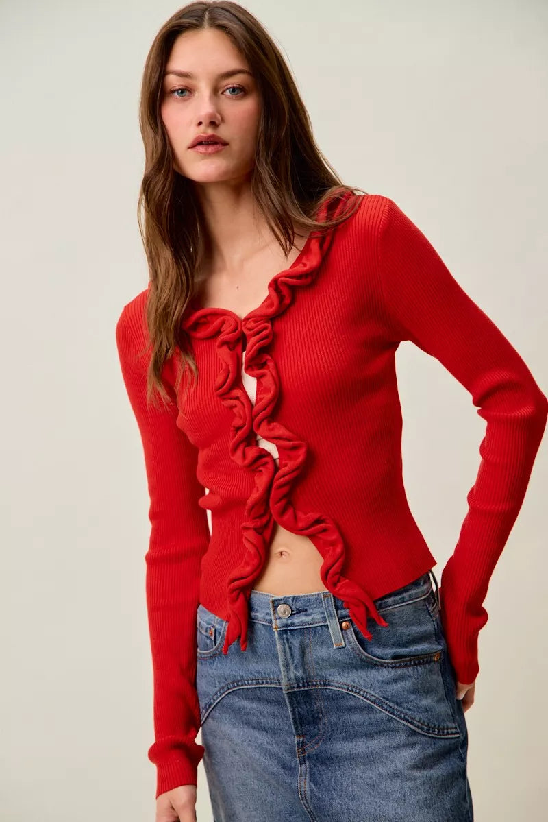 Cascade Ruffle Ribbed Cardigan - RED CORAL Main image