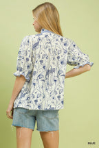 Blue Mixed Print Split Neck Blouse -