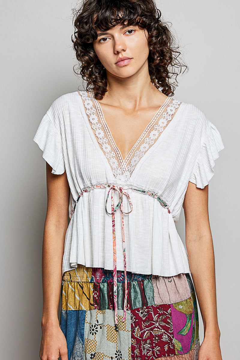 Lace Trim Tie Front Blouse - OFF WHITE
