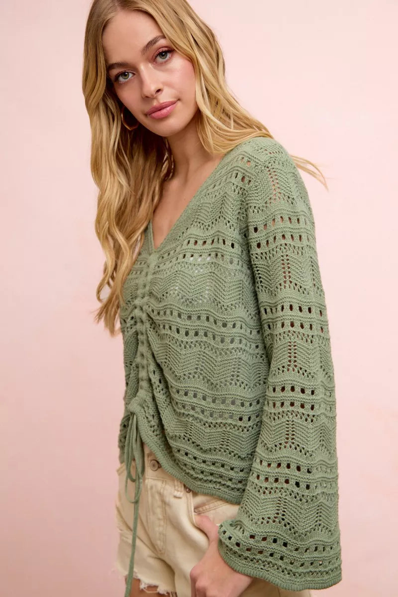 Pointelle Ruched V Neck Sweater -