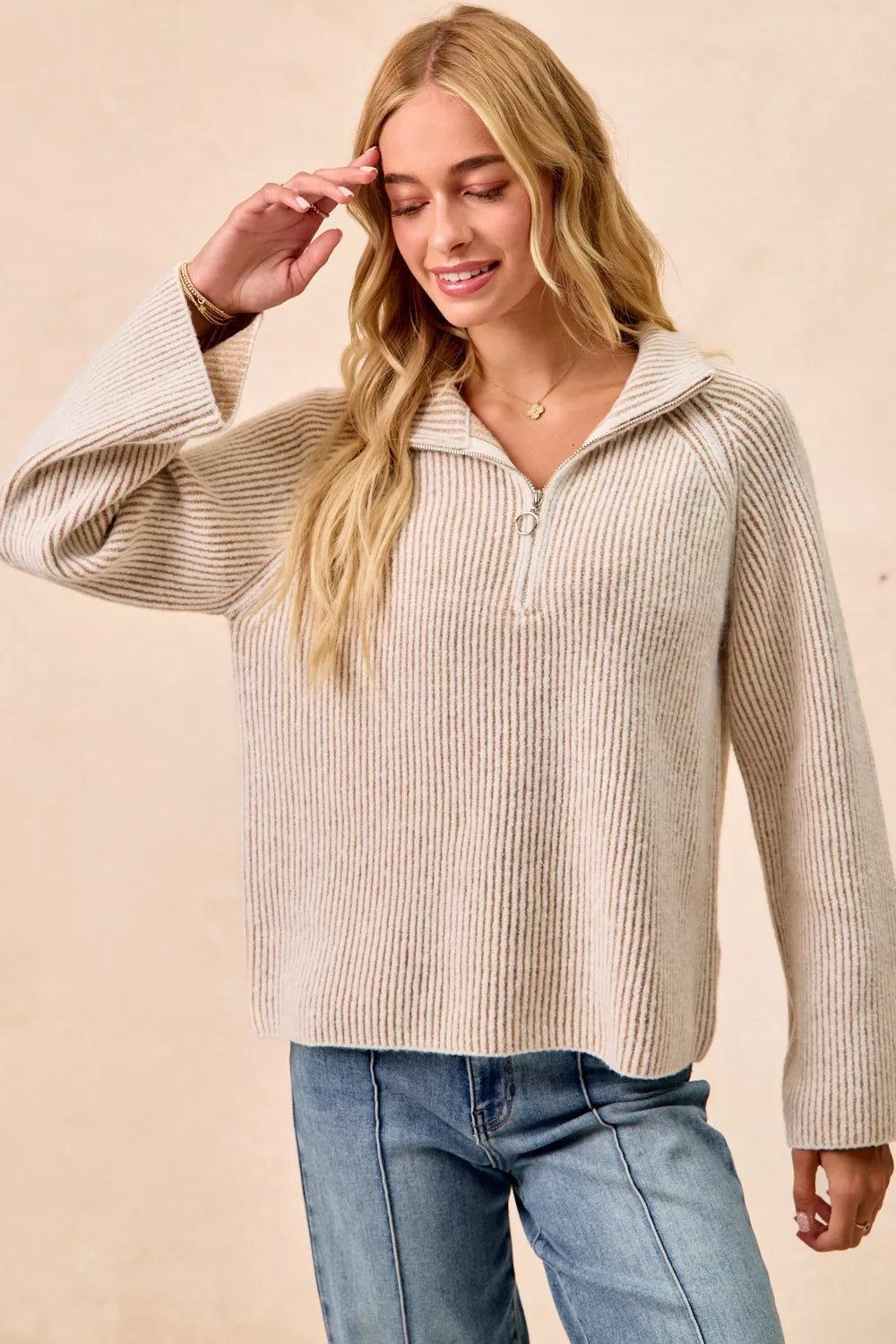 Two Tone Ribbed Half Zip Pullover -