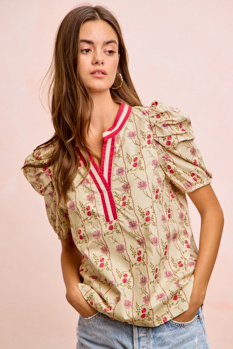 Floral Contrast Neck Puff Blouse -