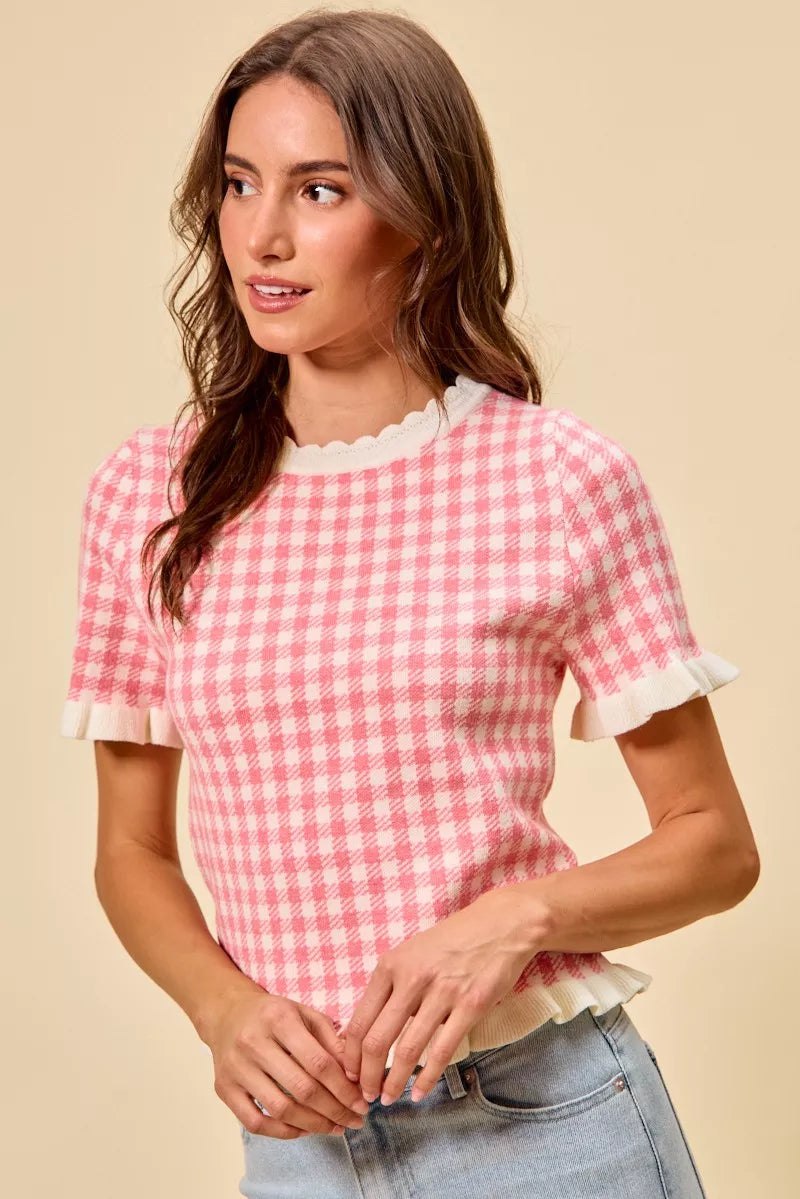 Gingham Ruffle Knit Sweater Top -