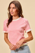 Gingham Ruffle Knit Sweater Top -