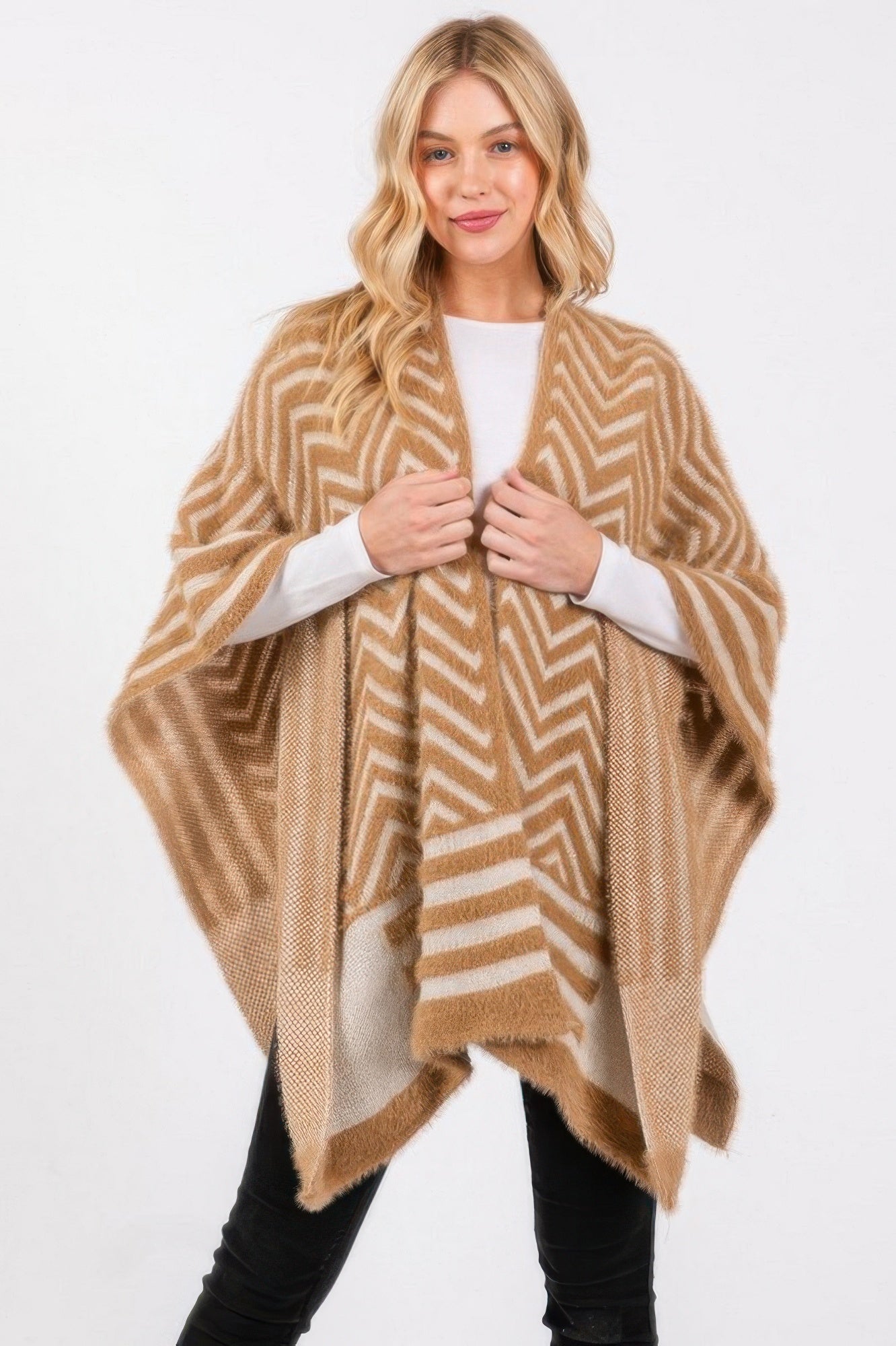 Chevron Knit Pattern Ruana - Taupe One Size Fits All