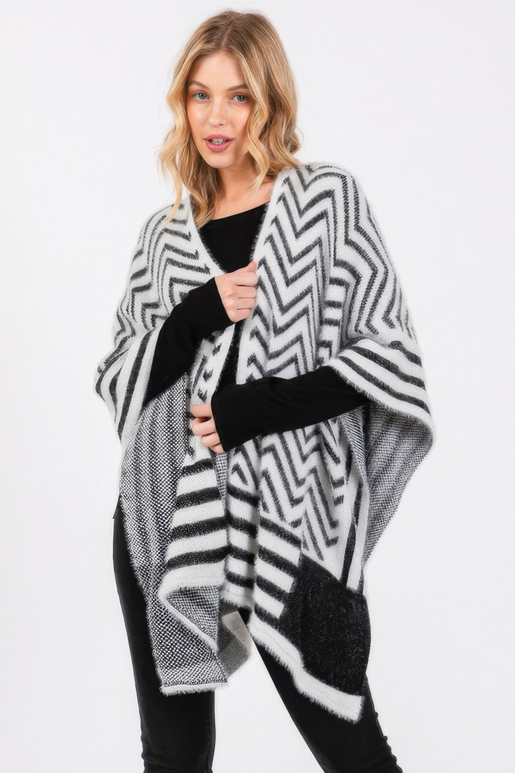 Chevron Knit Pattern Ruana - Ivory One Size Fits All