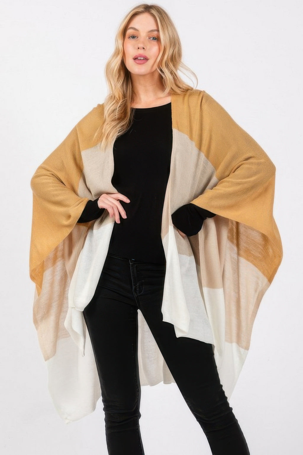 Colorblock Knit Fringe Ruana - Beige One Size Fits All