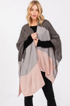 Colorblock Knit Fringe Ruana - Gray One Size Fits All