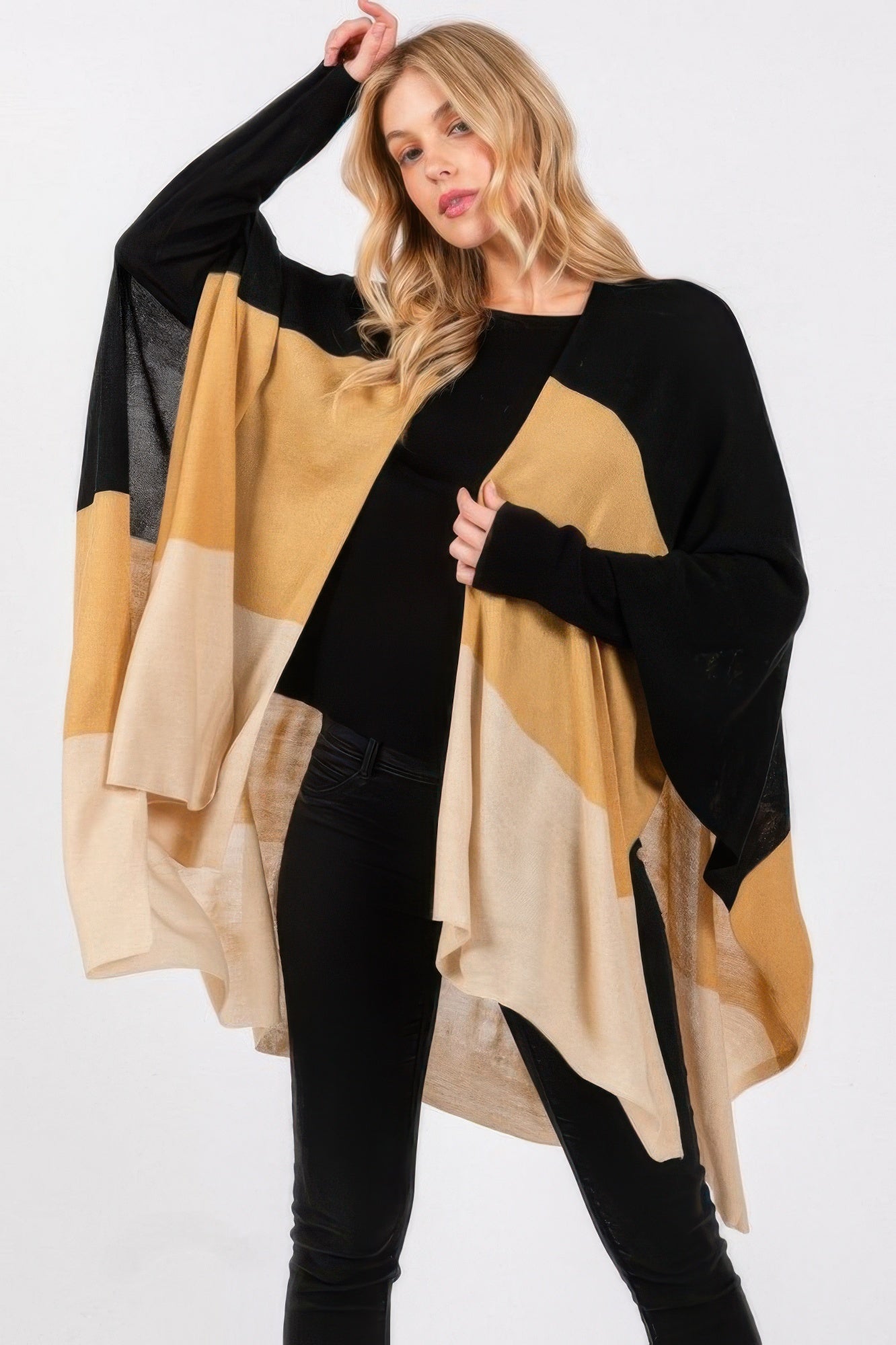 Colorblock Knit Fringe Ruana - Taupe One Size Fits All