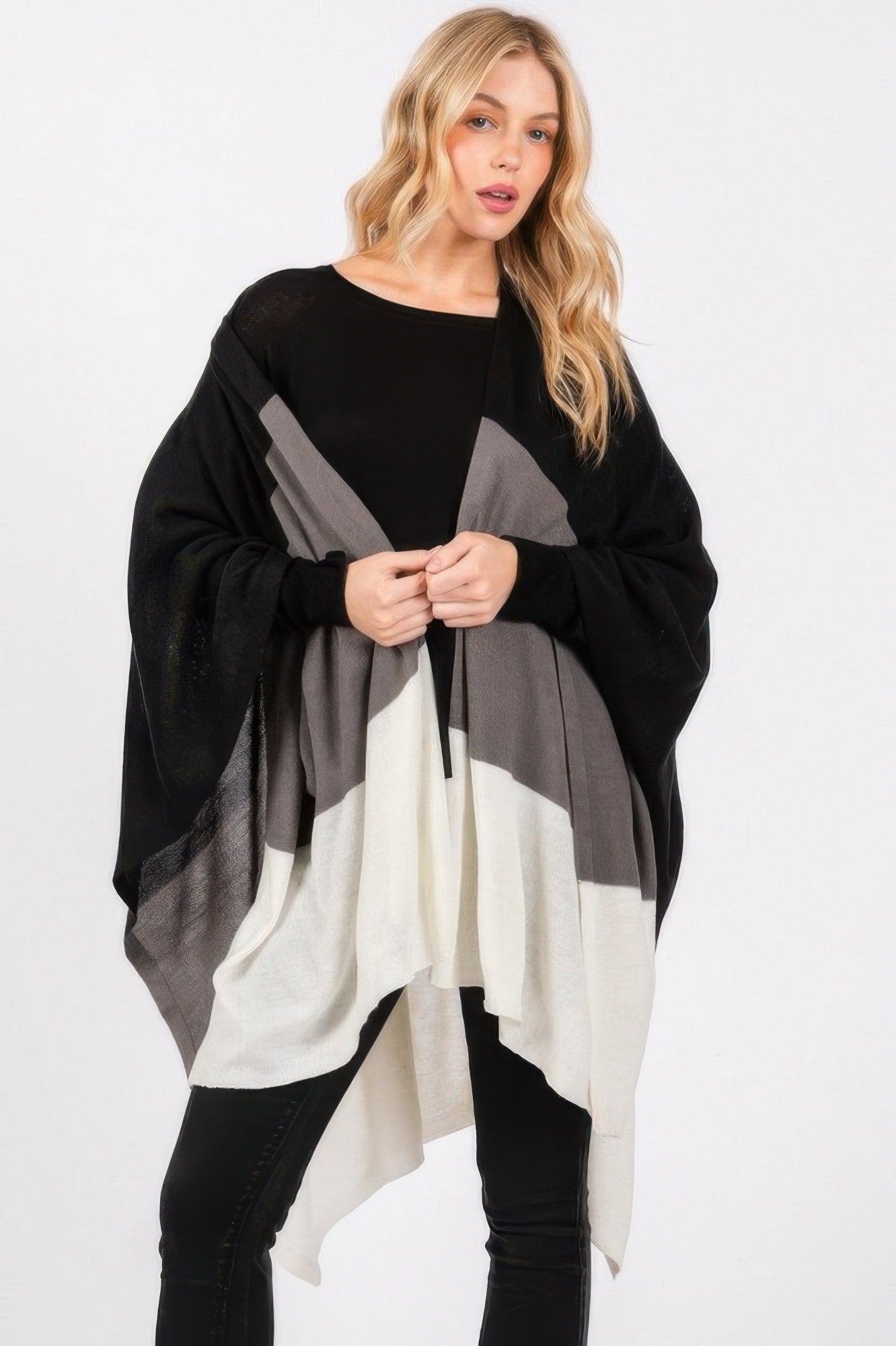 Colorblock Knit Fringe Ruana - Black One Size Fits All Main image