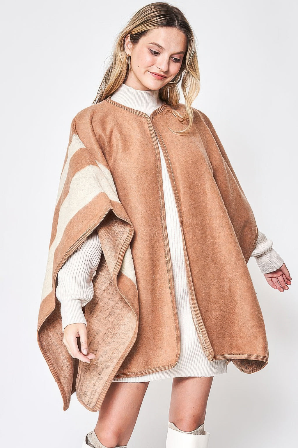 Contrast Trim Border Ruana - Camel