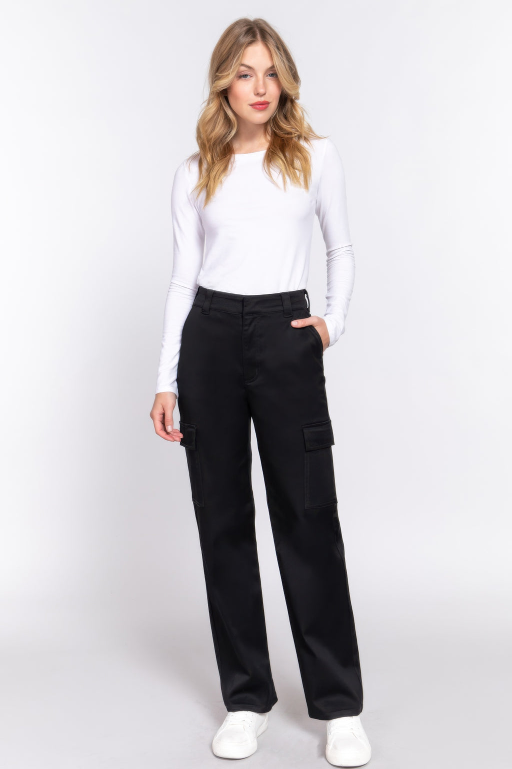 Cotton Blend Straight Leg Cargo Pants - Black