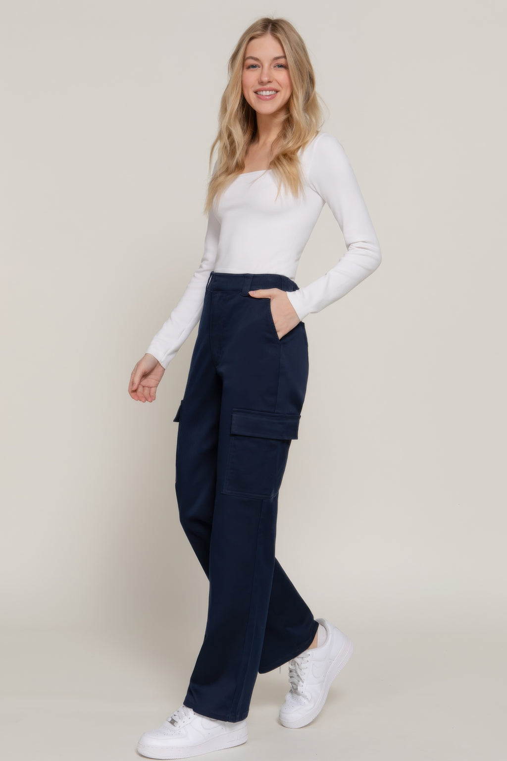 Cotton Blend Straight Leg Cargo Pants - Navy