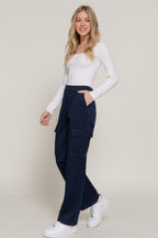 Cotton Blend Straight Leg Cargo Pants - Navy