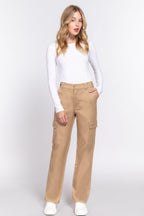 Cotton Blend Straight Leg Cargo Pants - Khaki