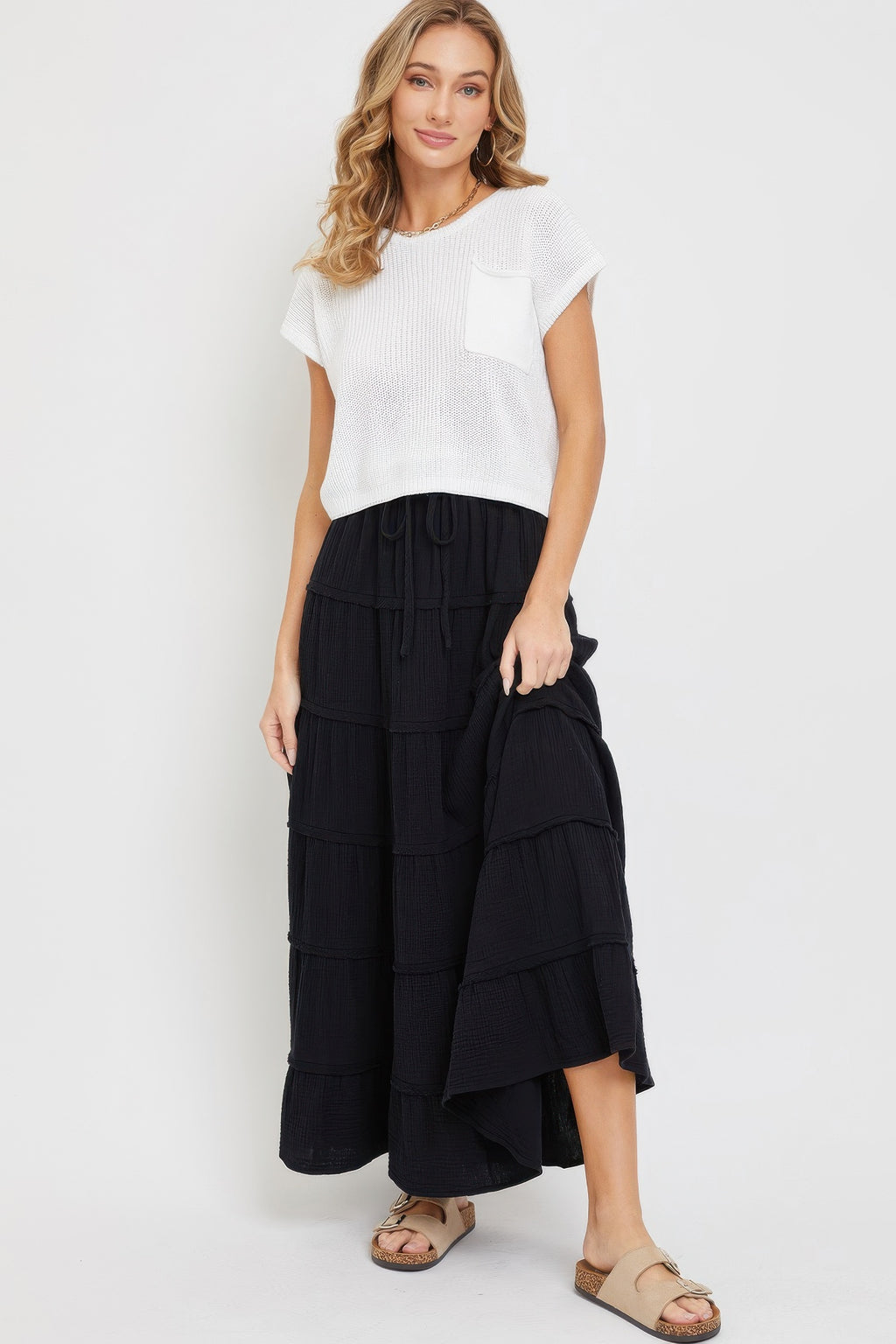 Cotton Gauze Tiered Maxi Skirt - Black