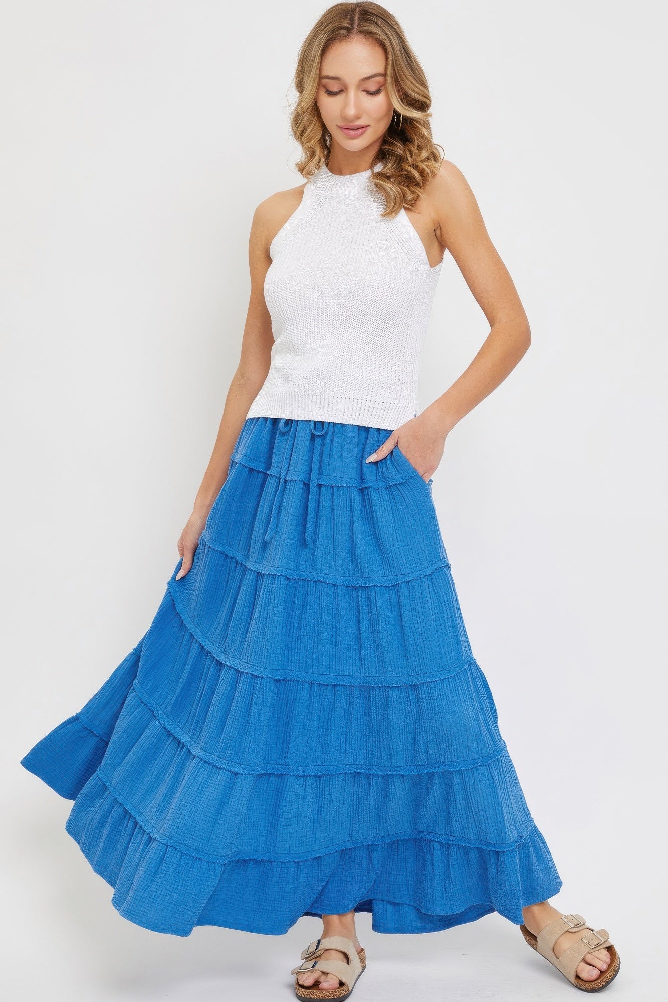 Cotton Gauze Tiered Maxi Skirt - Blue