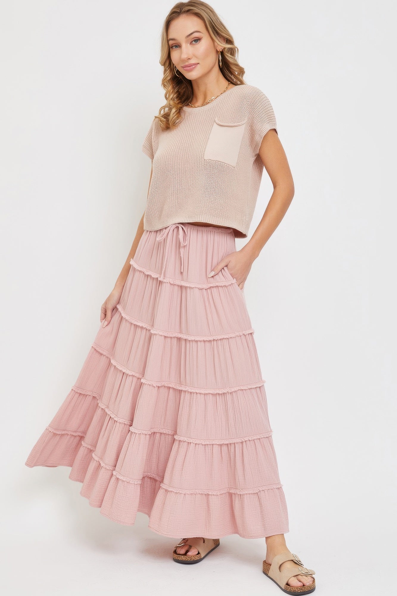 Cotton Gauze Tiered Maxi Skirt - Pink