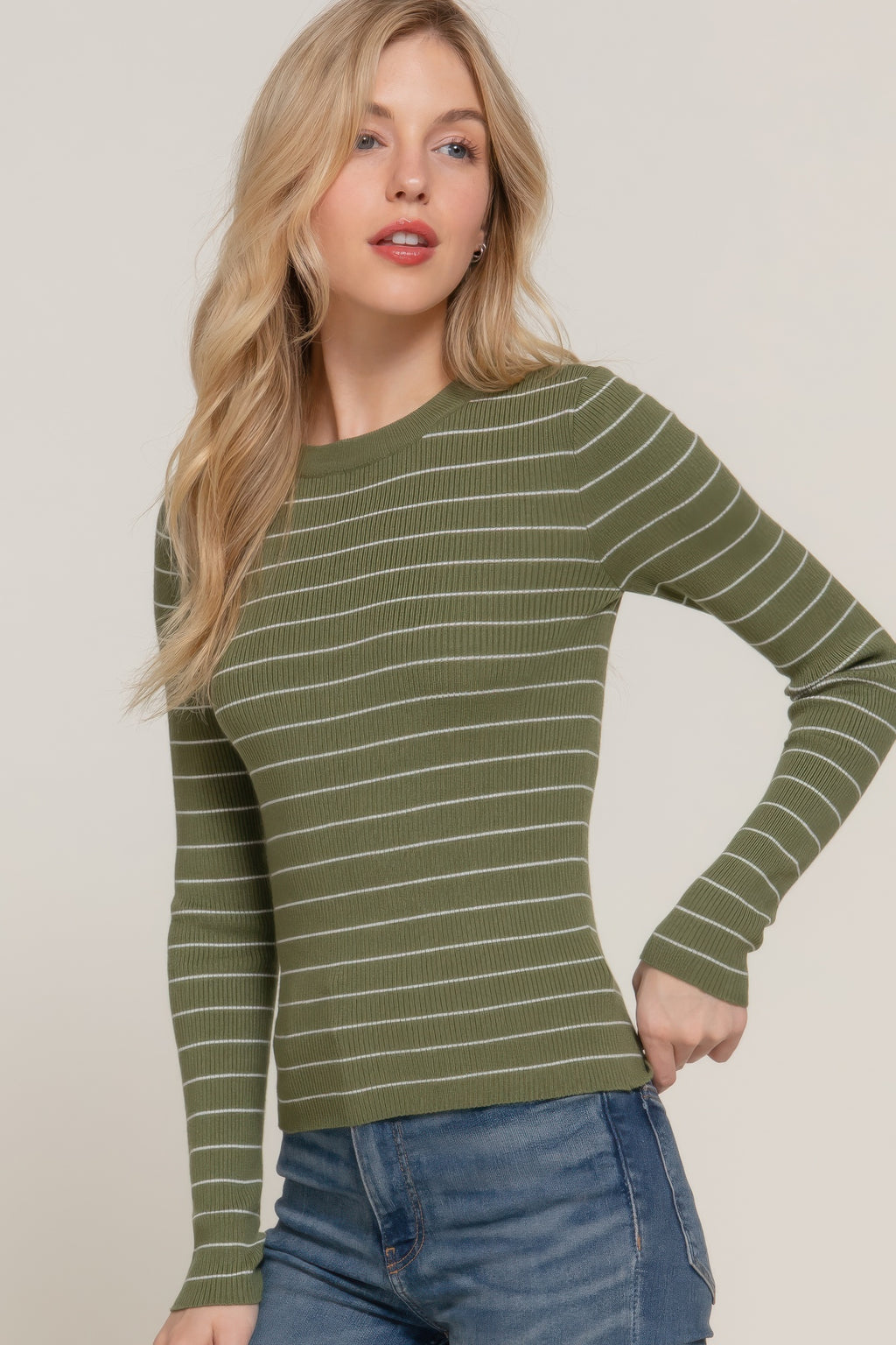Crew Neck Stripe Knit Sweater -