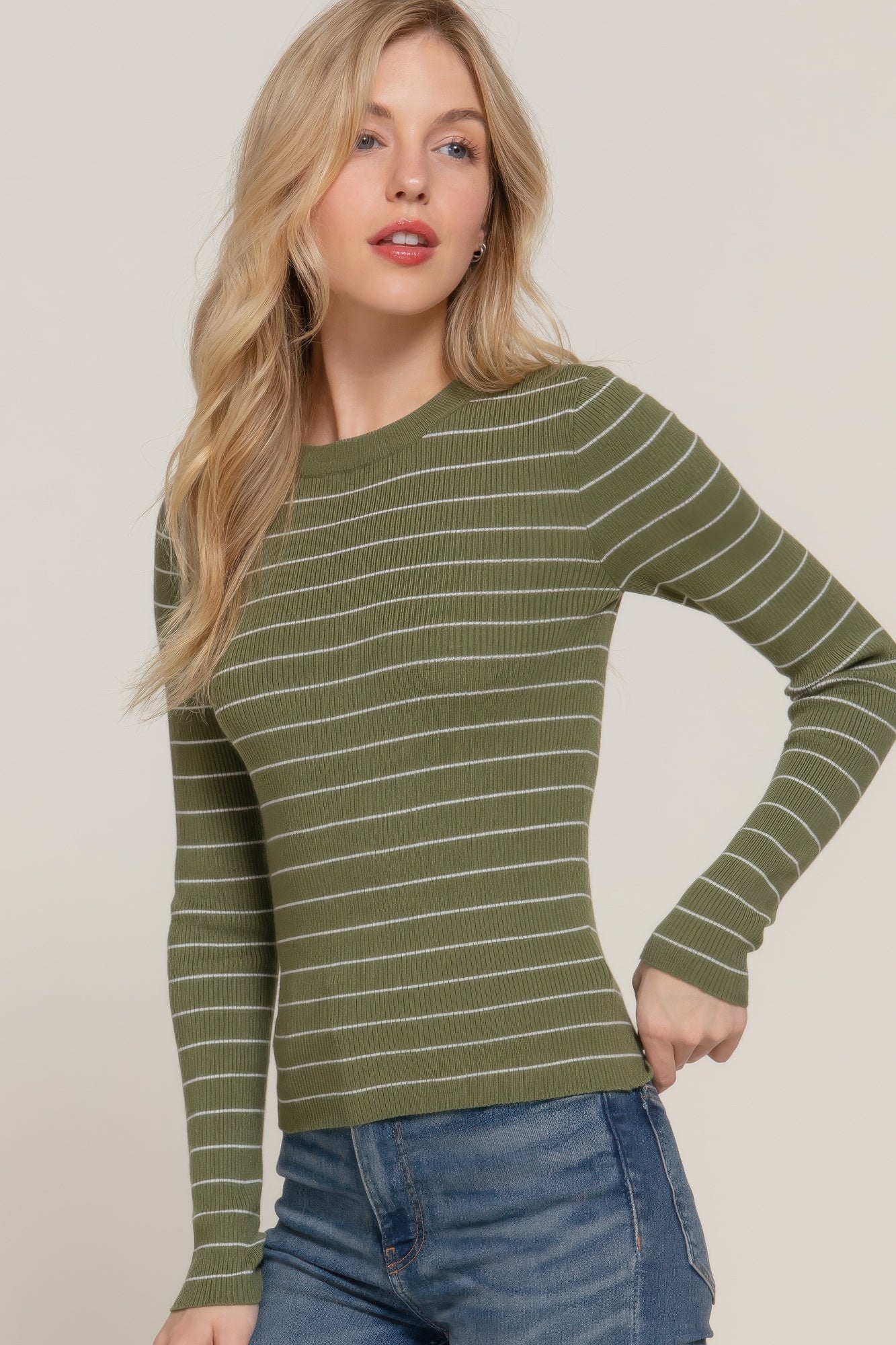 Crew Neck Stripe Knit Sweater -