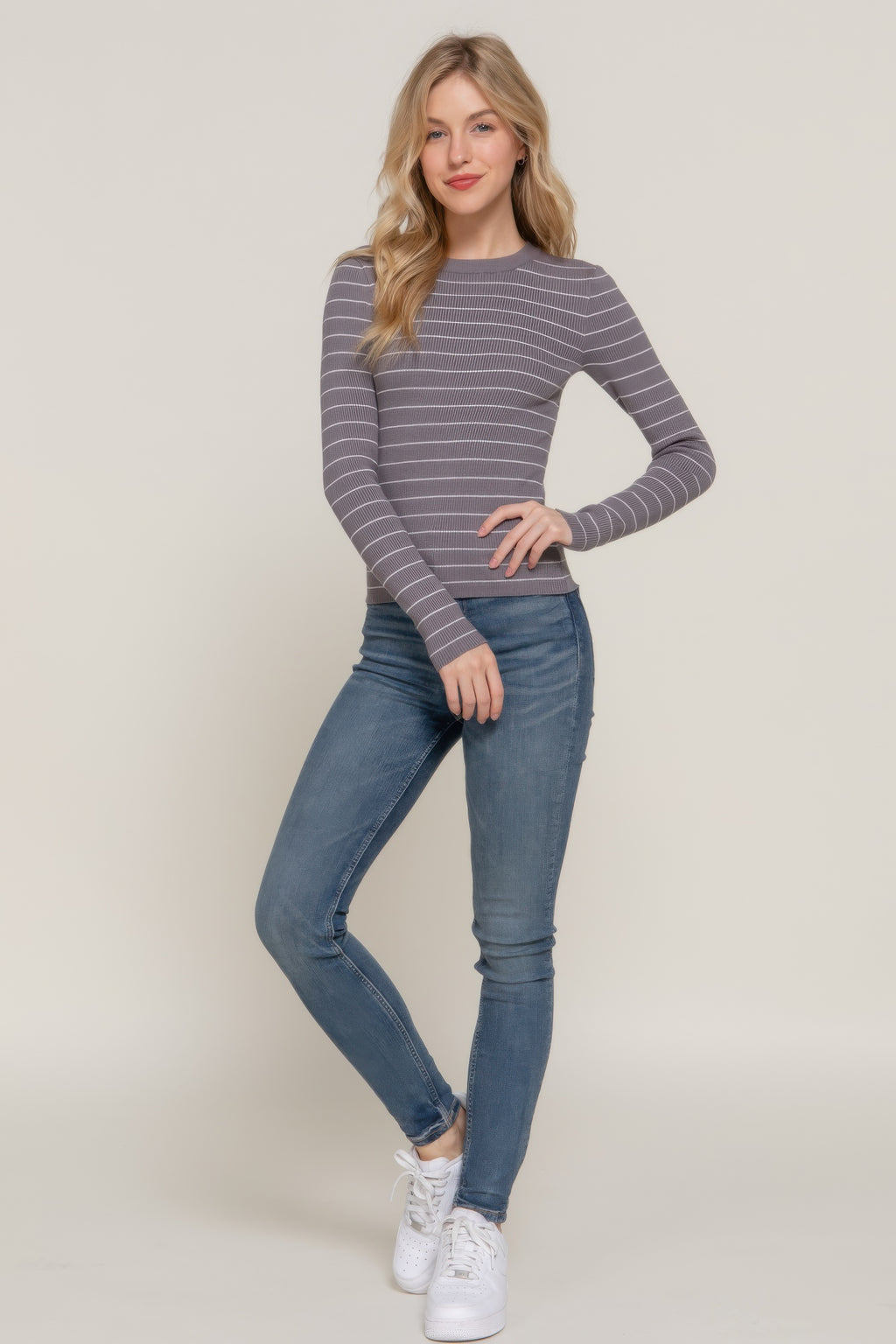 Crew Neck Stripe Knit Sweater -
