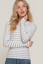 Crew Neck Stripe Knit Sweater - White Black