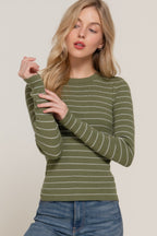 Crew Neck Stripe Knit Sweater - Olive White