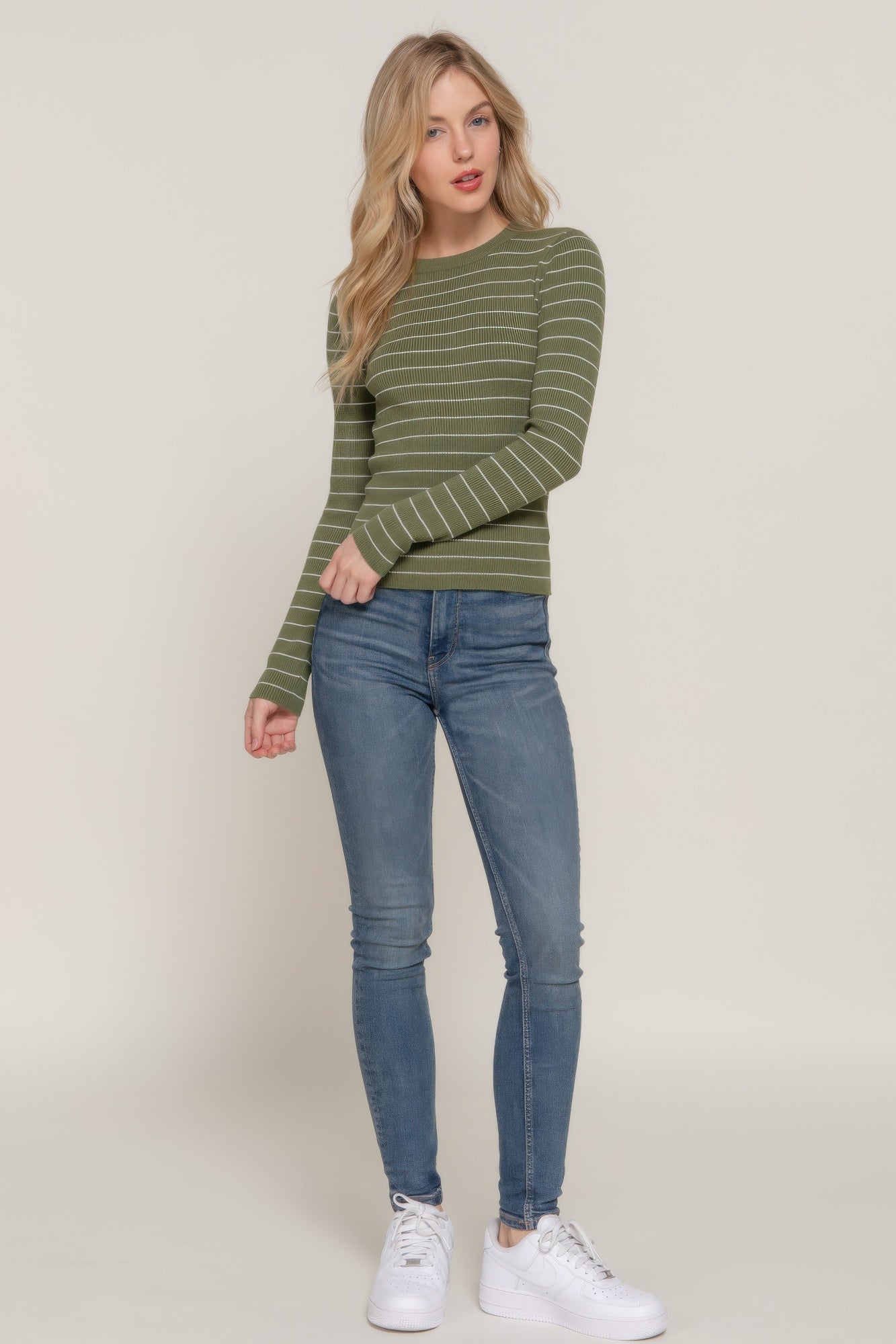 Crew Neck Stripe Knit Sweater -