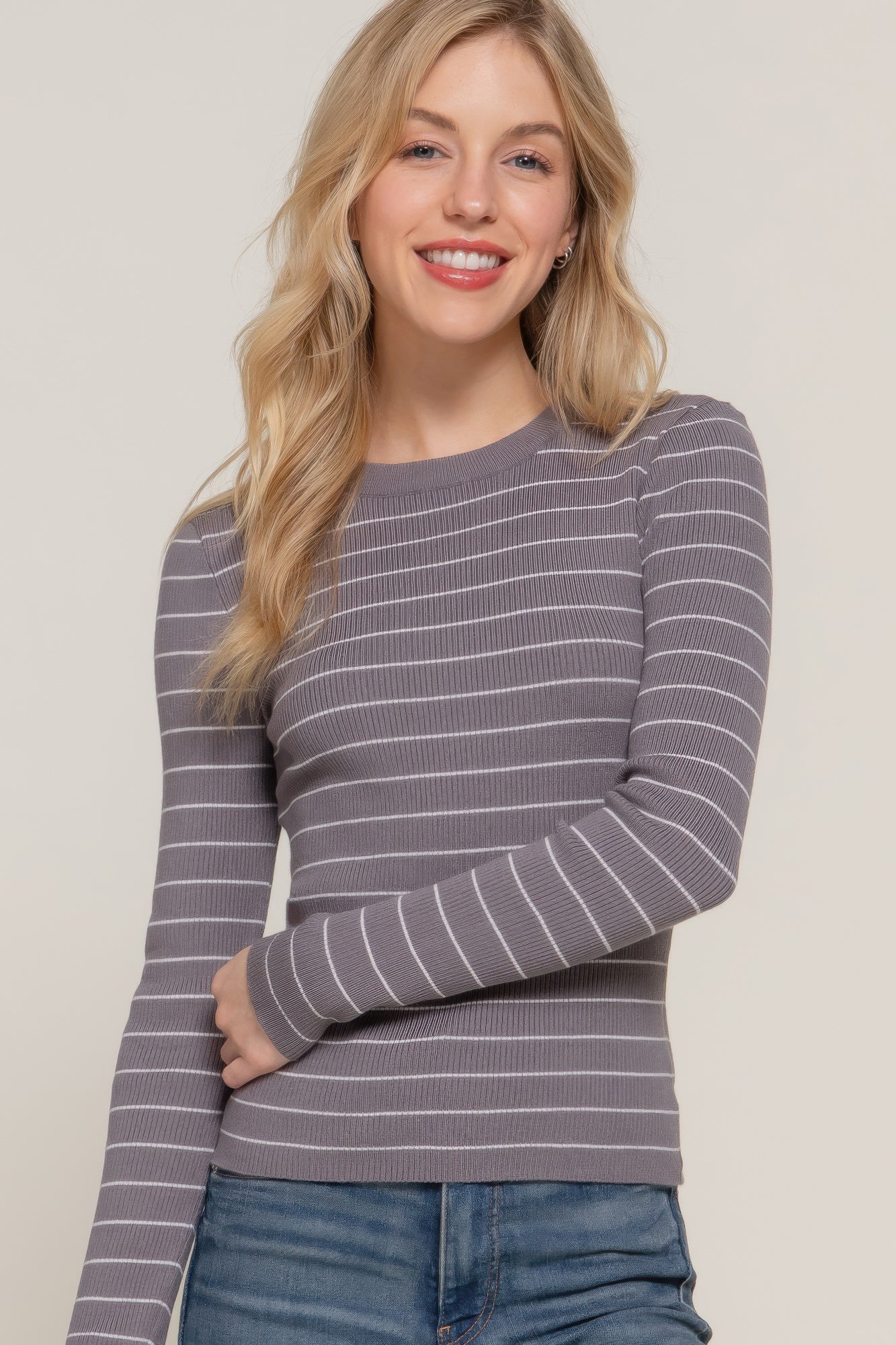 Crew Neck Stripe Knit Sweater - Grey White Main image