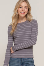 Crew Neck Stripe Knit Sweater - Grey White