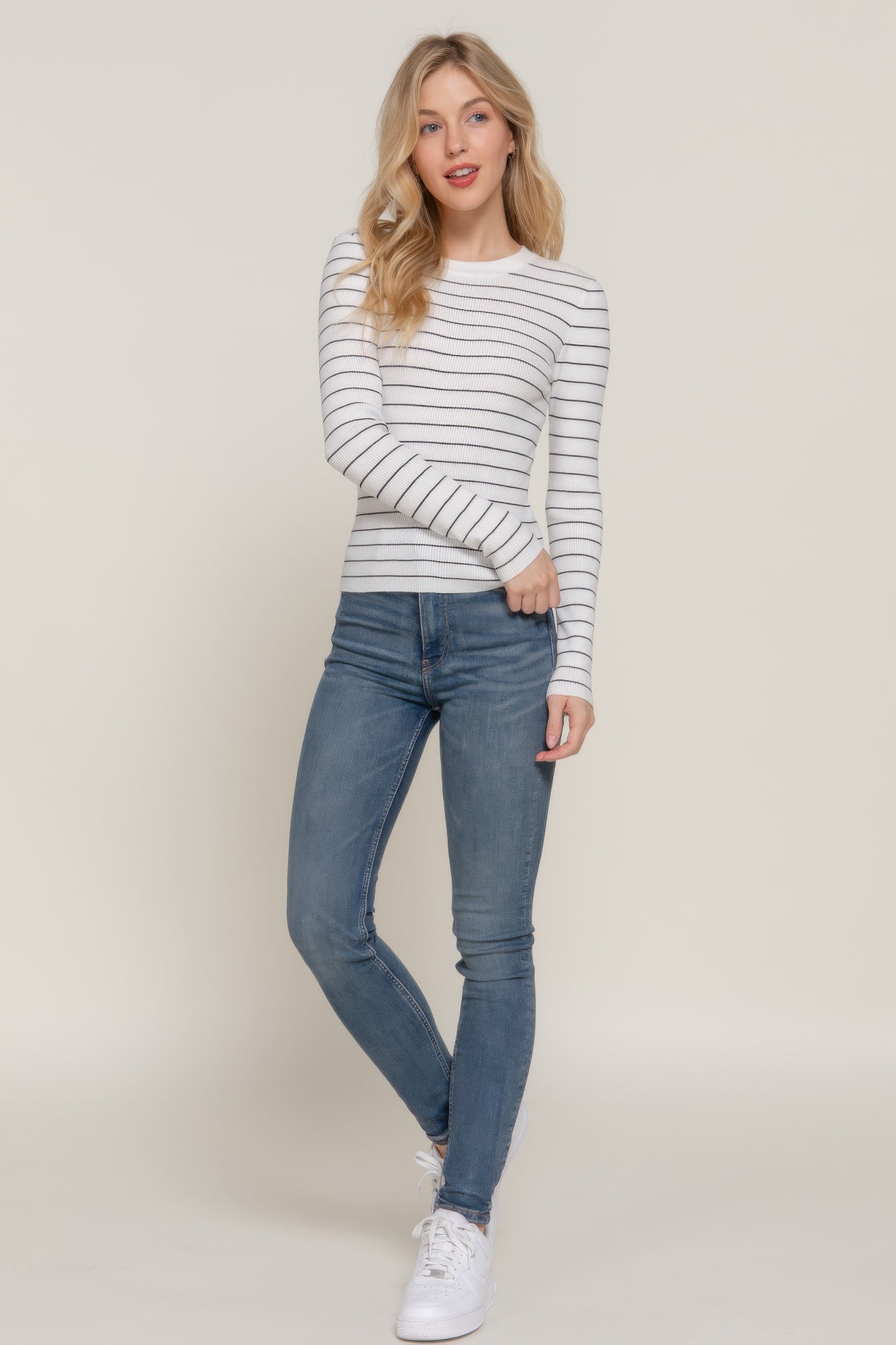 Crew Neck Stripe Knit Sweater -
