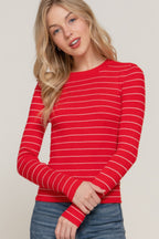 Crew Neck Stripe Knit Sweater - Red White