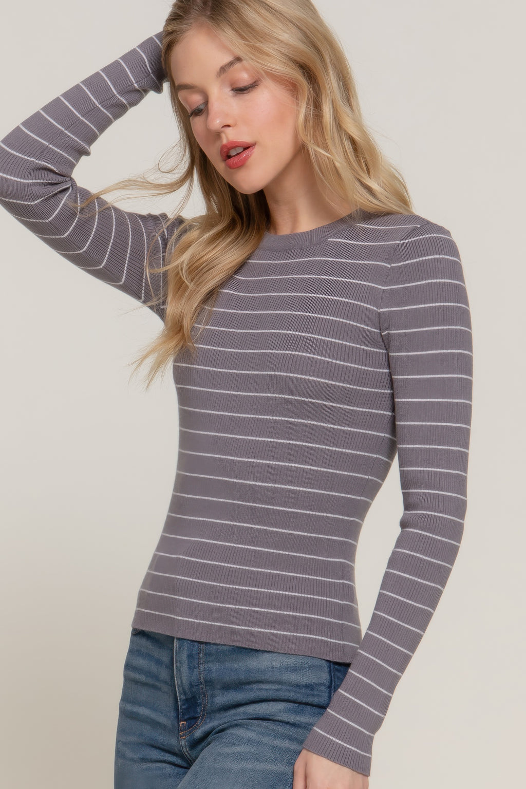 Crew Neck Stripe Knit Sweater -