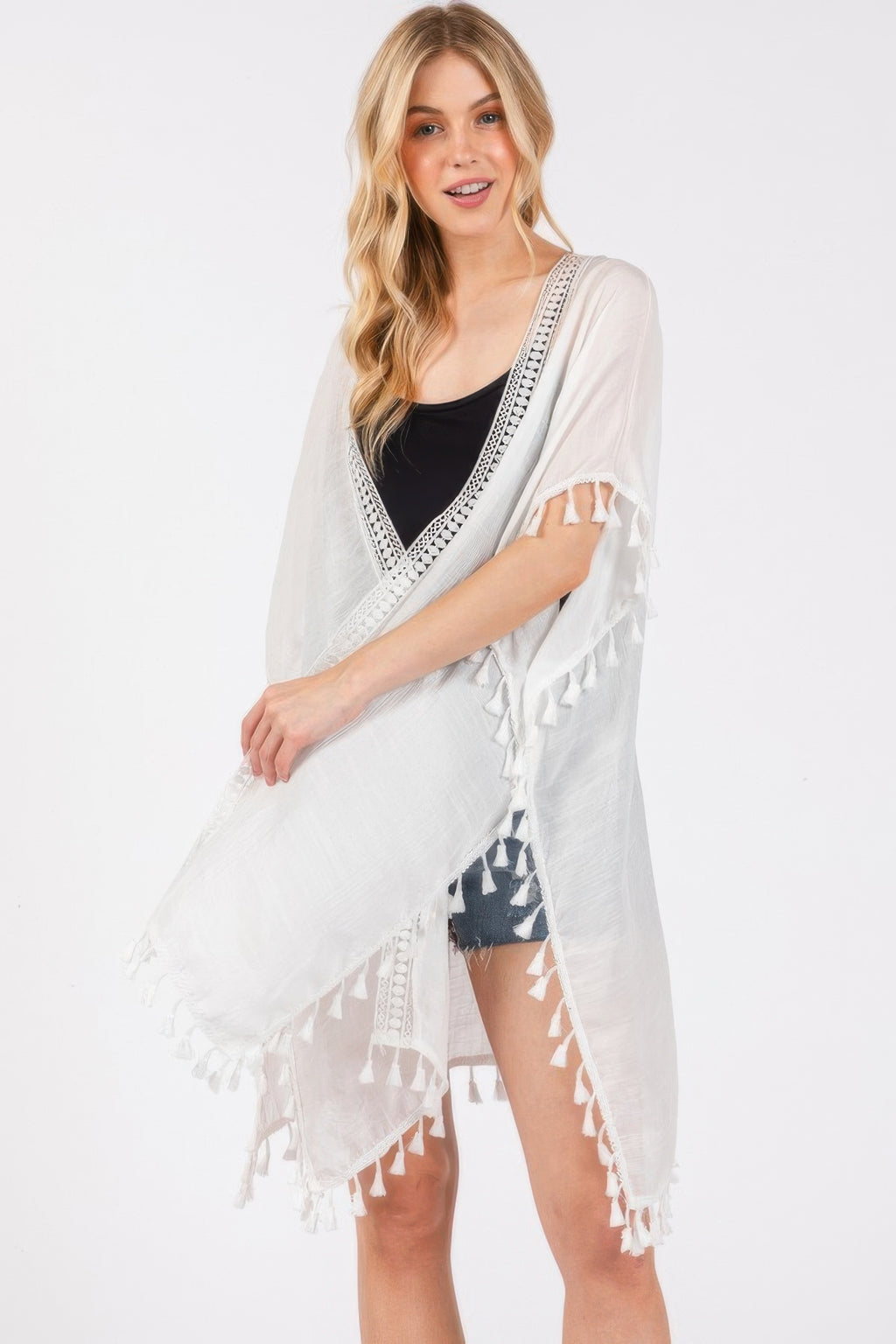 Crochet Tassel Trim Cover Up - White