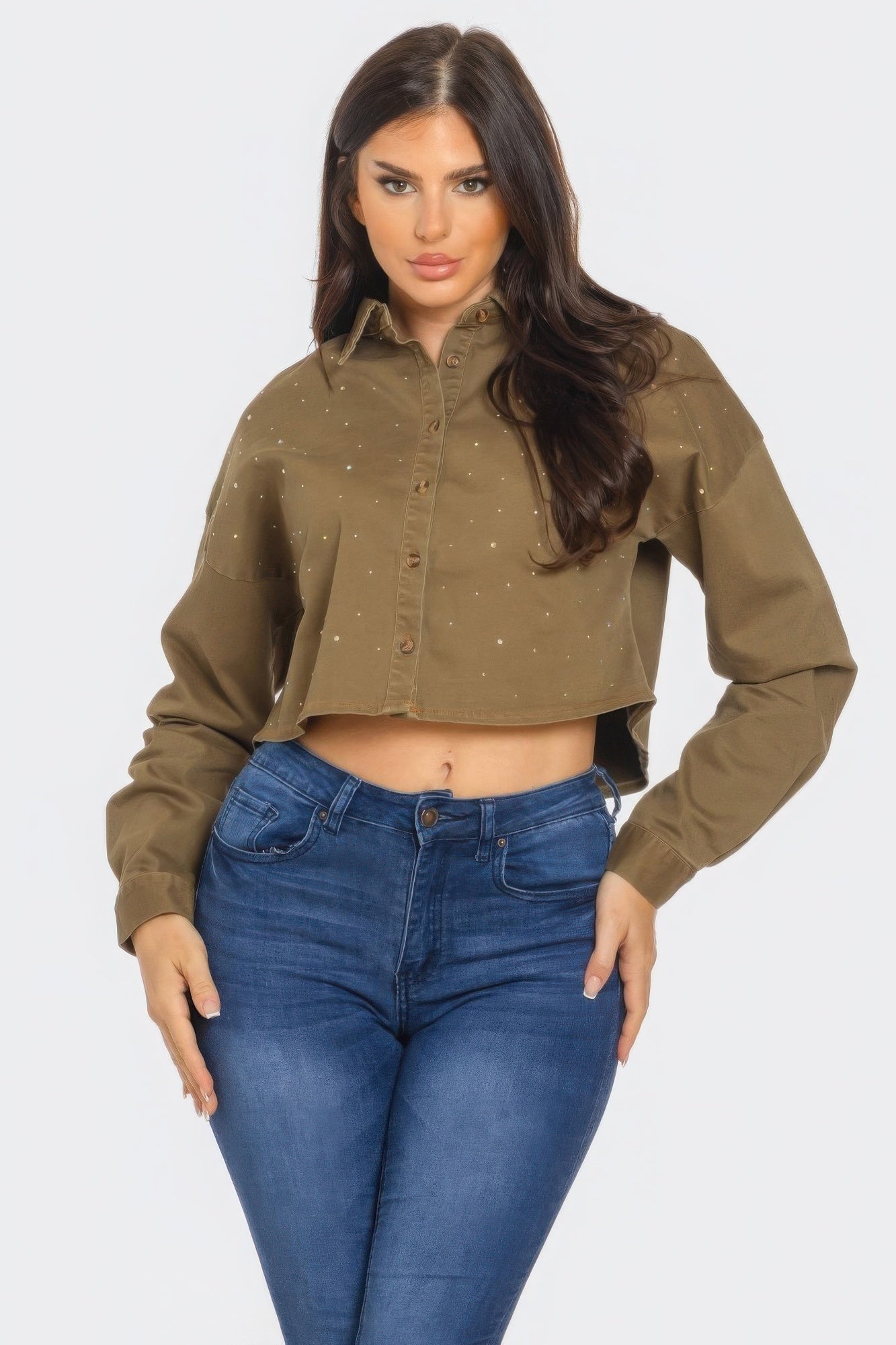 Cropped Rhinestone Denim Shirt - Olive