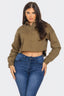 Cropped Rhinestone Denim Shirt - Olive