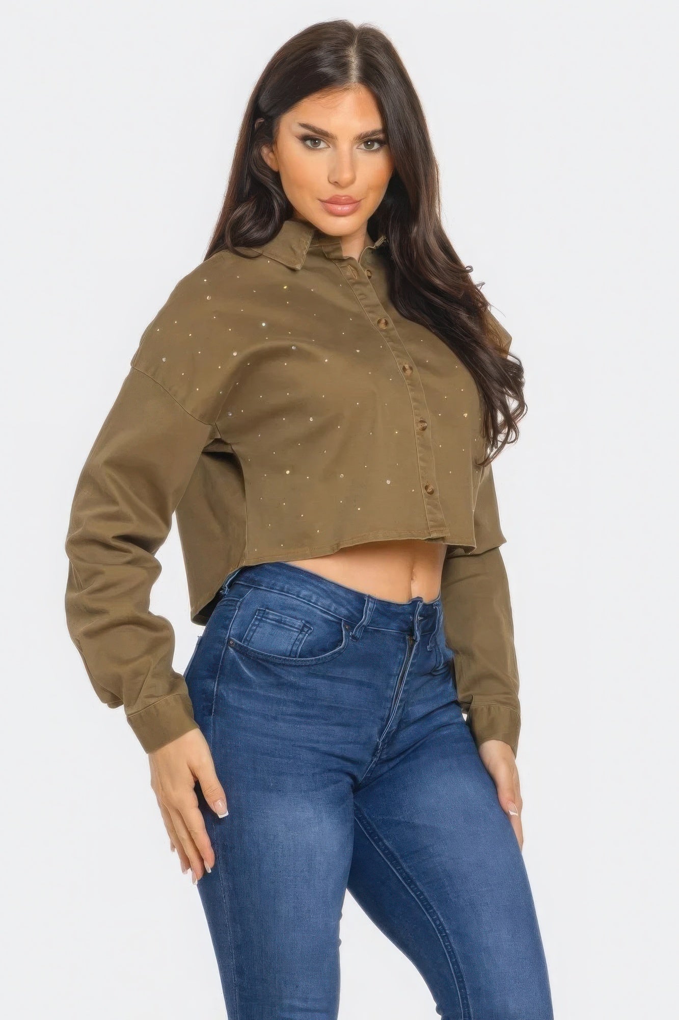 Cropped Rhinestone Denim Shirt -