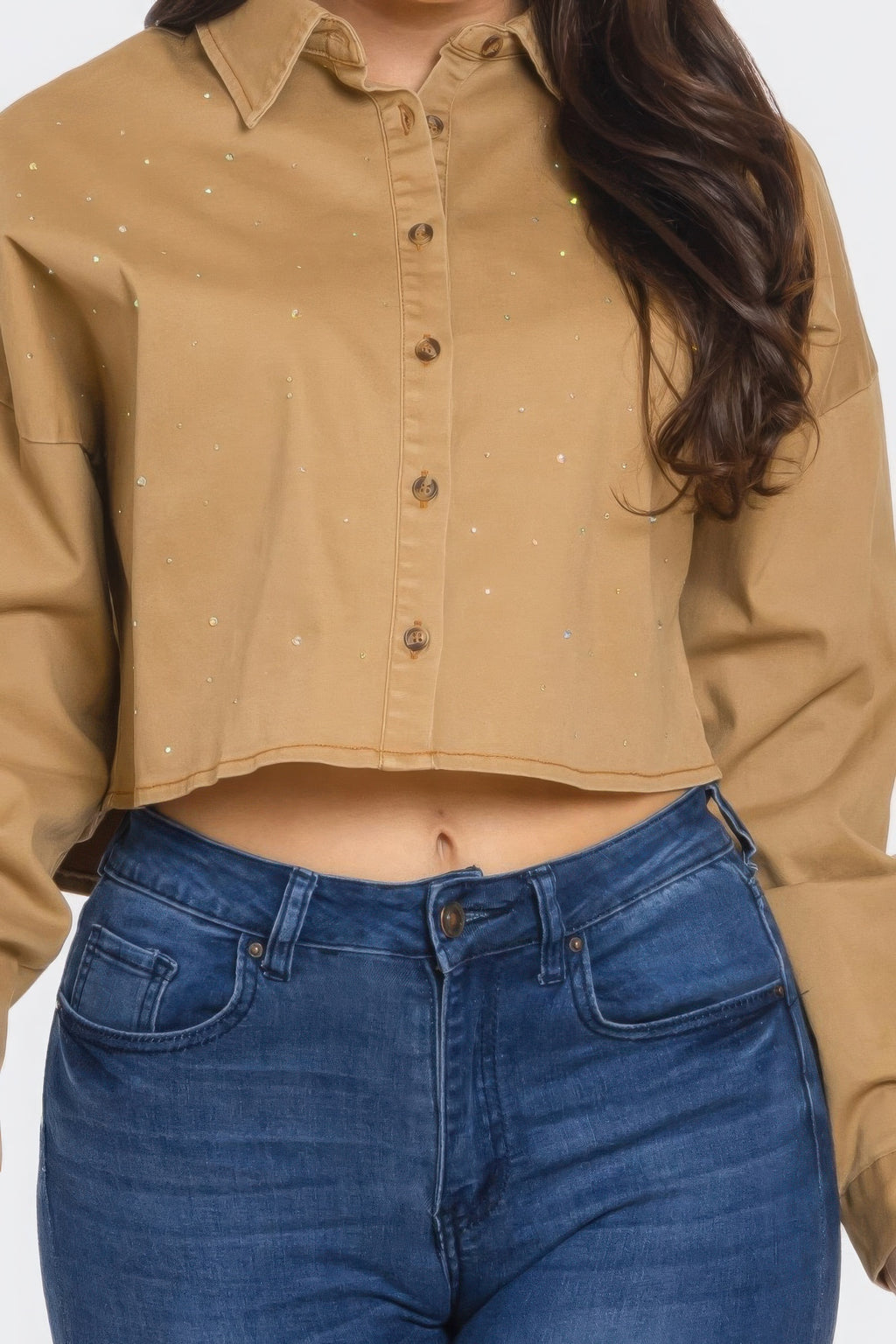 Cropped Rhinestone Denim Shirt -